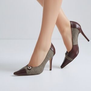 Balenciaga Brown and Tan Herringbone & Brown Leather Heels Pump Square US 7 38